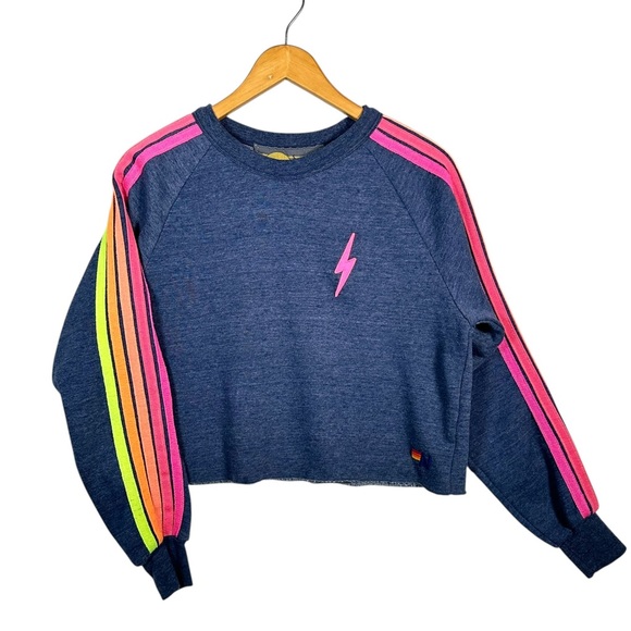 Aviator Nation Sweaters - AVIATOR NATION Bolt Rainbow Stripe Cropped Cut-Off Sweater